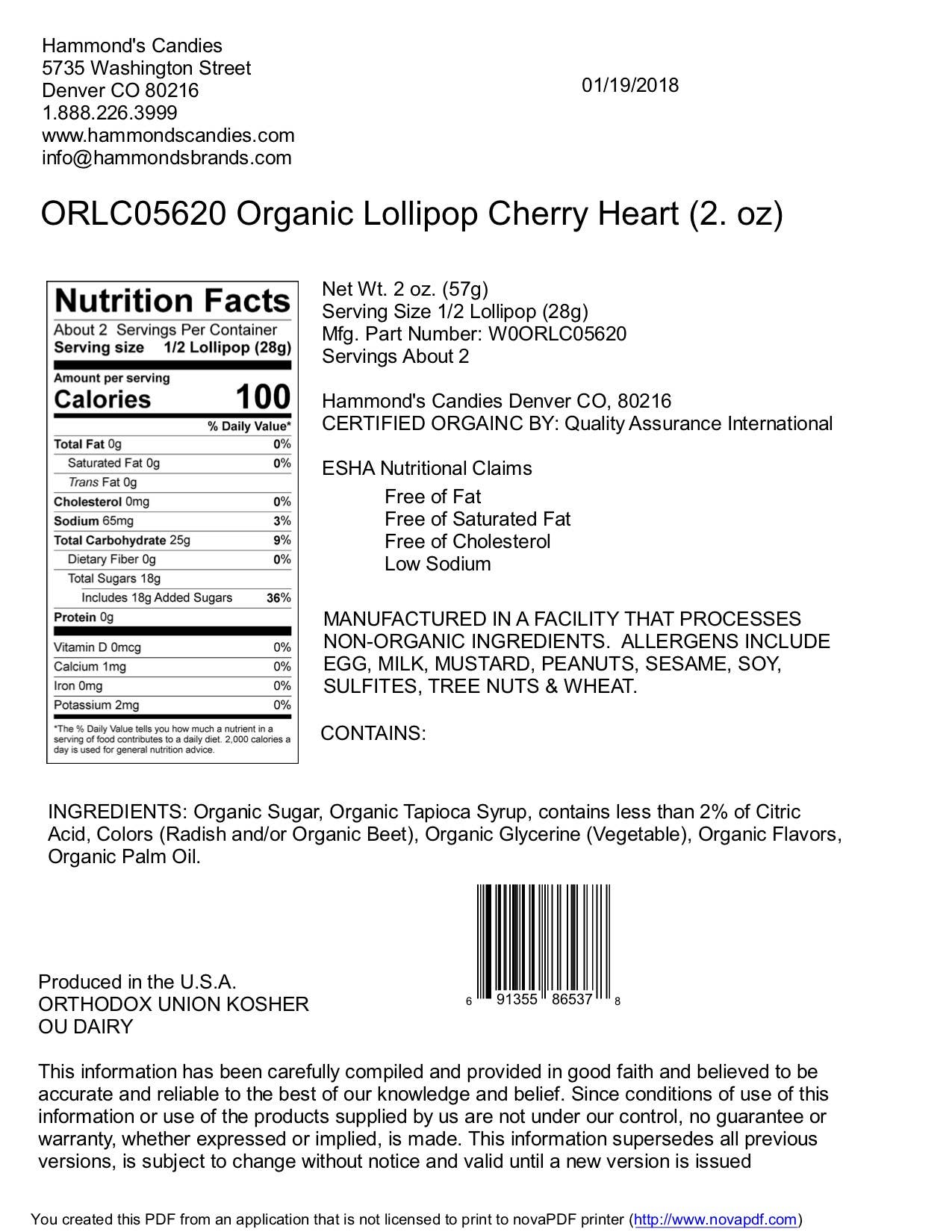 Organic Handmade Heart-Shaped Lollipop - Cherry - 2 oz