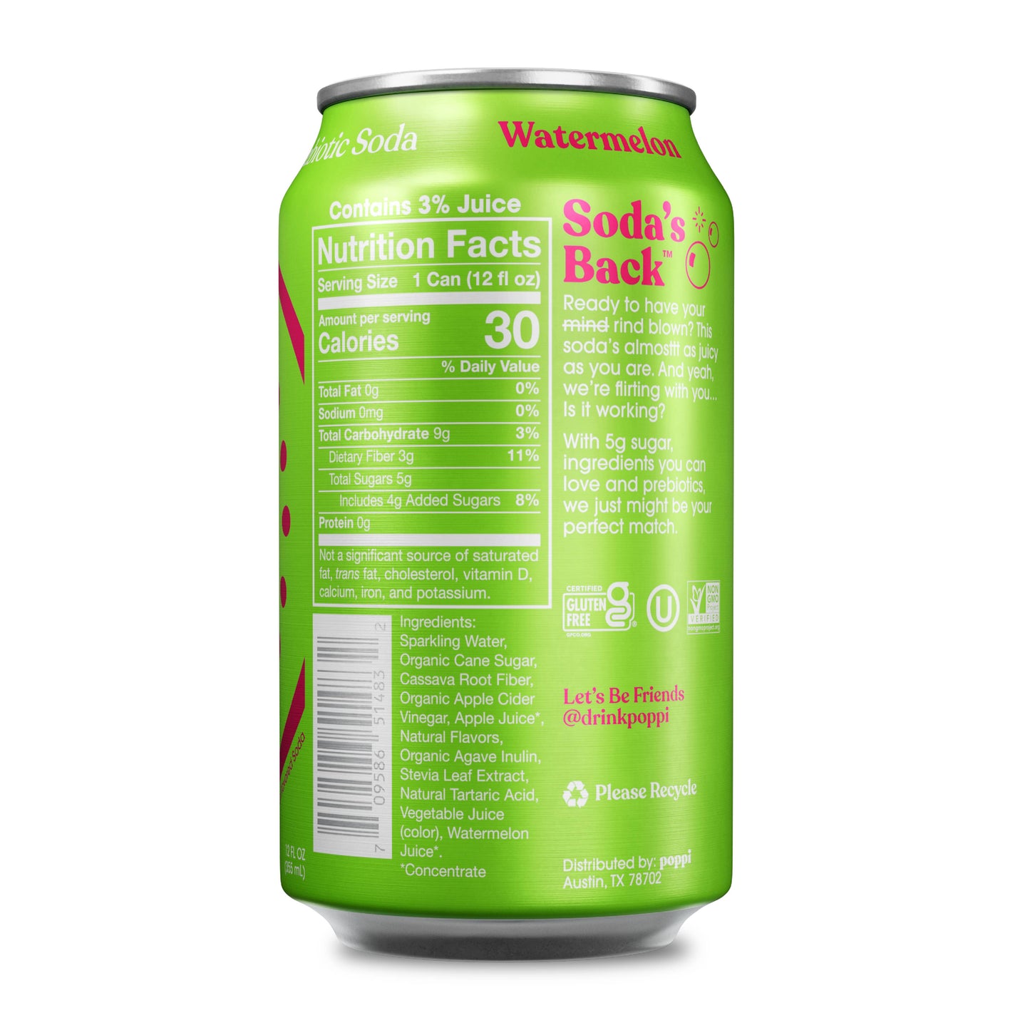 Poppi Prebiotic Soda, Watermelon, 12oz
