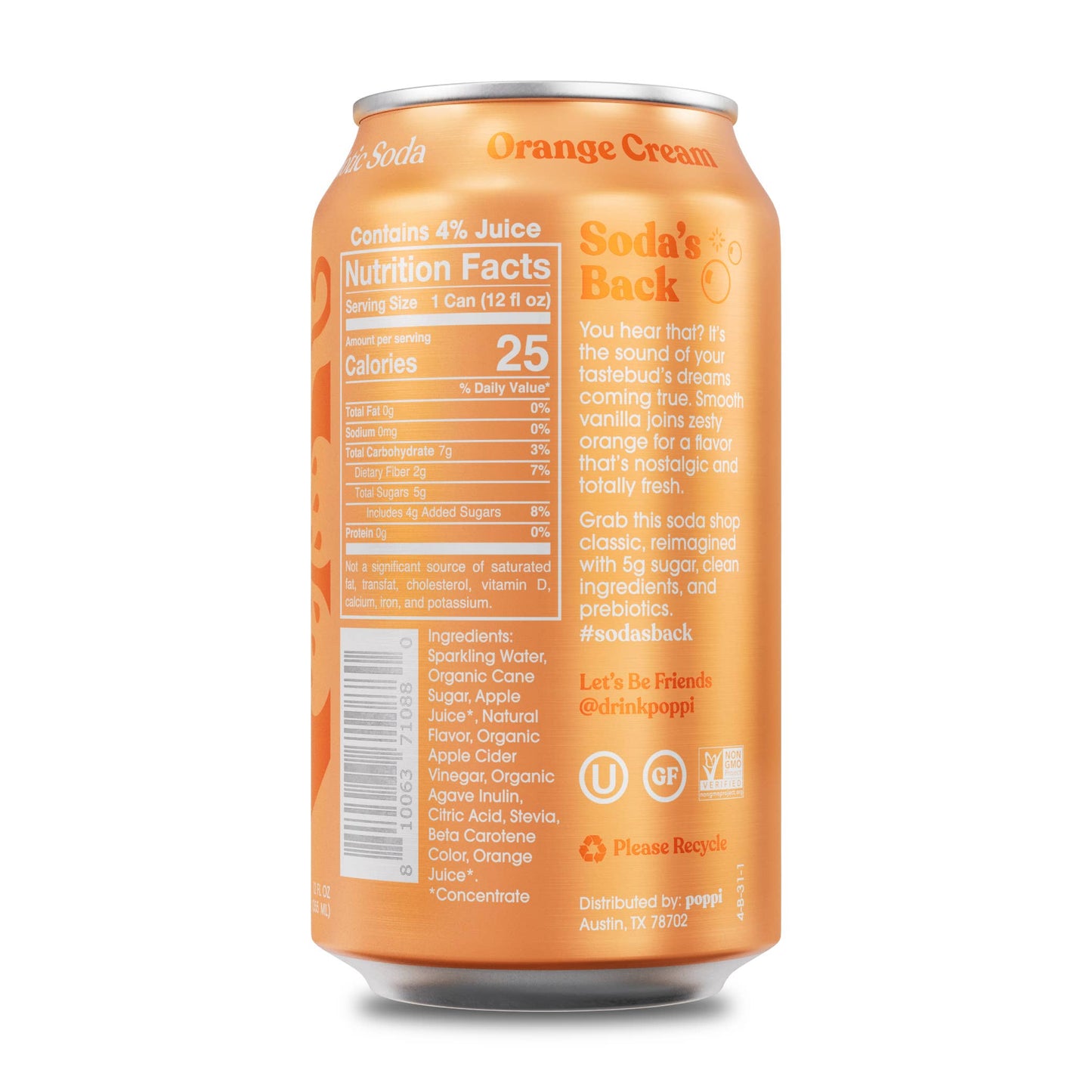 Poppi Prebiotic Soda, Orange Cream, 12oz