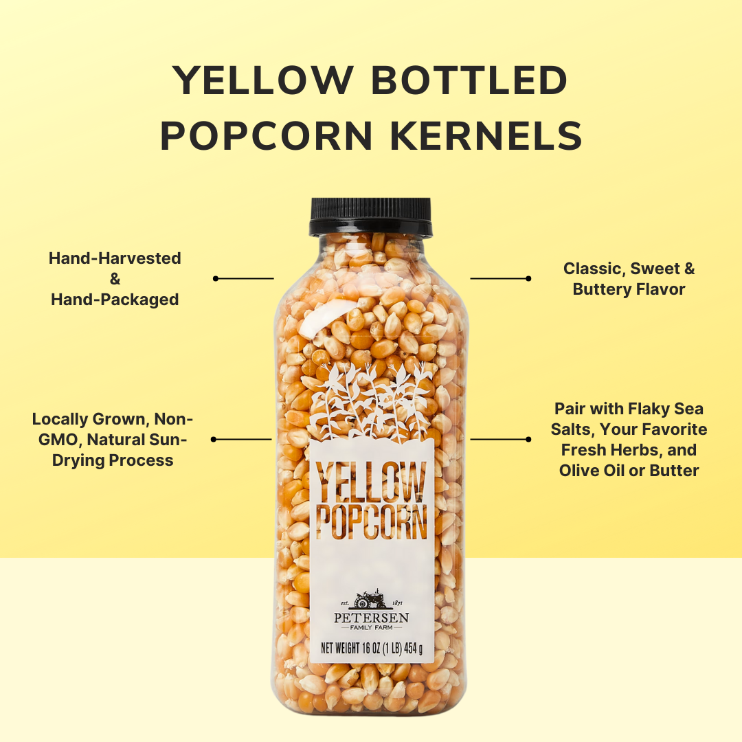Yellow Bottled Popcorn Kernels.- Non-GMO, Locally Grown