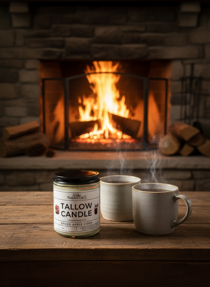 Spiced Apple Cider Candle by the Fireplace